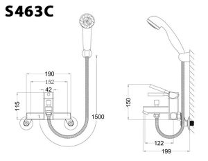 Bản vẽ kỹ thuật Vòi sen tắm CAESAR S463C nóng lạnh tay 3 chế độ