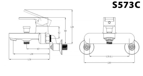 Bản vẽ kỹ thuật Vòi sen tắm CAESAR S573C nóng lạnh tay 3 chế độ