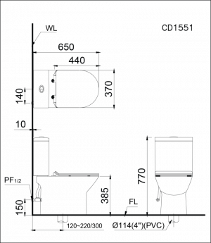 Bản vẽ bồn cầu Caesar CD1551 - Xí bệt bàn cầu vệ sinh 2 khối