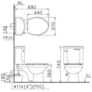 Bản vẽ bồn cầu Caesar CPT1332 - Xí bệt bàn cầu vệ sinh 2 khối