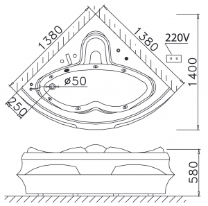 CAESAR MT5132A 1.3M - Bồn tắm Massage xây góc 1 bản vẽ bồn tắm massage xây Caesar MT5132A
