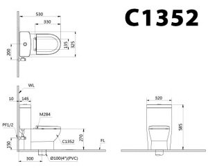 Bản vẽ kĩ thuật Bồn cầu 1 khối CAESAR C1352 trẻ em nắp êm M284