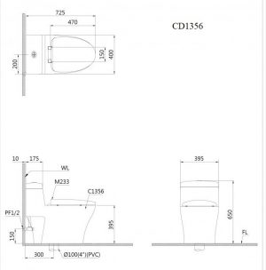 CAESAR CD1356 - Bồn cầu 1 khối nắp êm M256 2 Bản vẽ kĩ thuật Bồn cầu 1 khối CAESAR CD1356 nắp êm M256