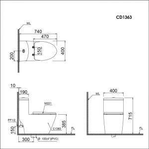 Bản vẽ kĩ thuật Bồn cầu 1 khối CAESAR CD1363 nắp êm M221