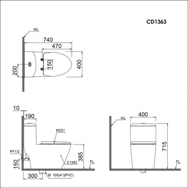 Bản vẽ kĩ thuật Bồn cầu 1 khối CAESAR CD1363 nắp êm M221