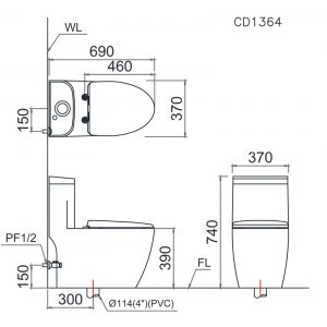 Bản vẽ kĩ thuật Bồn cầu 1 khối CAESAR CD1364 nắp êm Mu234