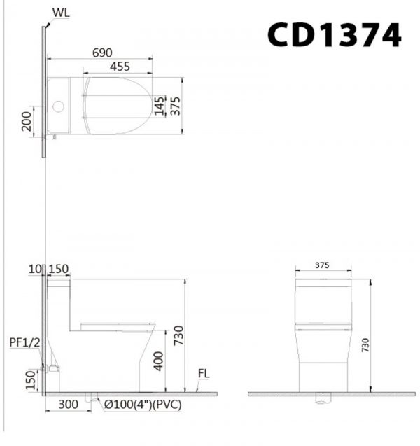 Bản vẽ kĩ thuật Bồn cầu 1 khối CAESAR CD1374 nắp êm MU235