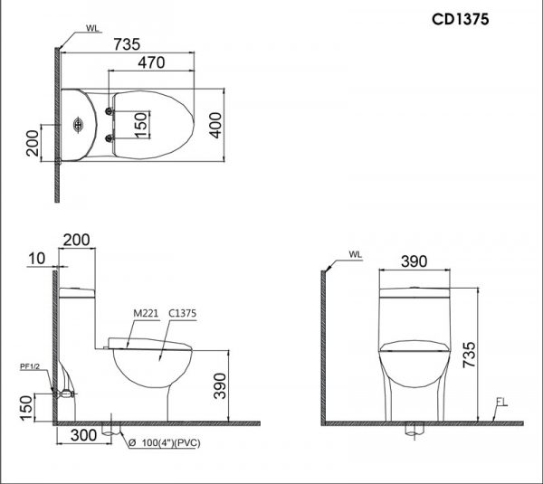Bản vẽ kĩ thuật Bồn cầu 1 khối CAESAR CD1375 nắp êm M221