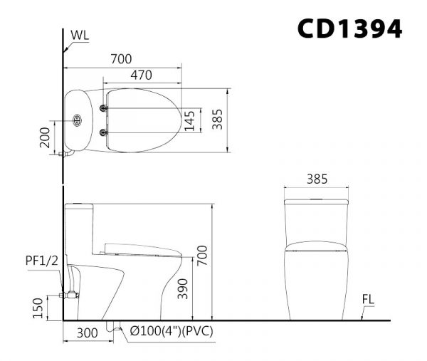 Bản vẽ kĩ thuật Bồn cầu 1 khối CAESAR CD1394 nắp êm M233