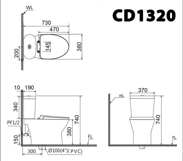 Bản vẽ kĩ thuật Bồn cầu 2 khối CAESAR CD1320 nắp êm M221