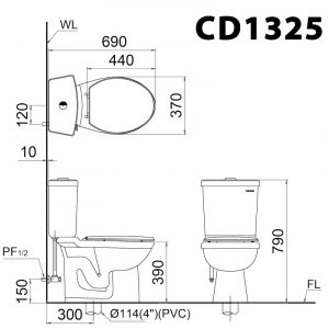 Bản vẽ kĩ thuật Bồn cầu 2 khối CAESAR CD1325 nắp thường M220