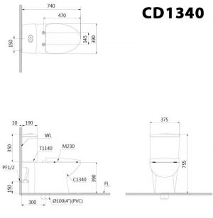 Bản vẽ kĩ thuật Bồn cầu 2 khối CAESAR CD1340 nắp êm M232