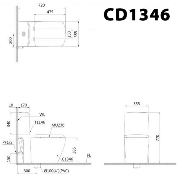 Bản vẽ kĩ thuật Bồn cầu 2 khối CAESAR CD1346 nắp êm M236