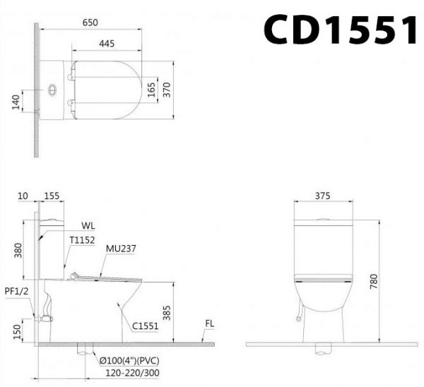 Bản vẽ kĩ thuật Bồn cầu 2 khối CAESAR CD1551 nắp êm MU237