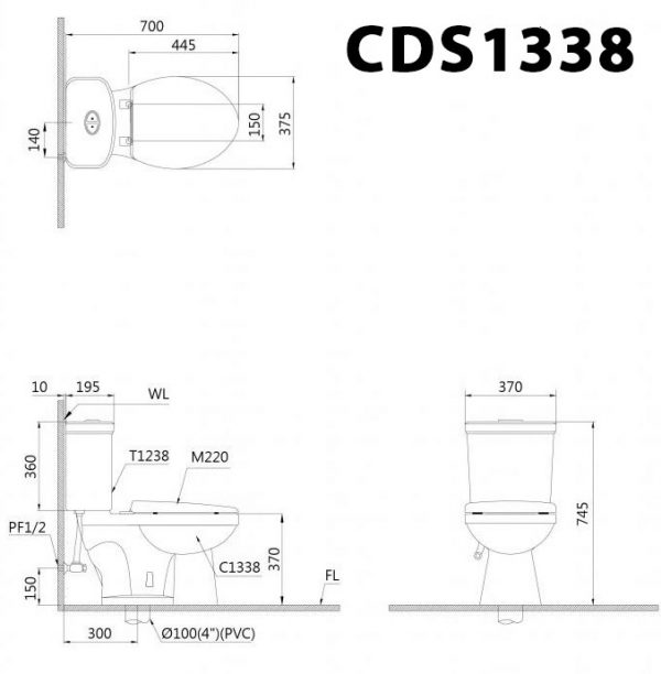 Bản vẽ kĩ thuật Bồn cầu 2 khối CAESAR CDS1338 nắp êm MS220