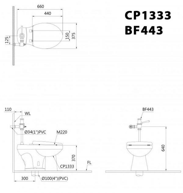 Bản vẽ kĩ thuật Bồn cầu 2 khối CAESAR CP1333 BF443 xả gạt tay nắp thường M220