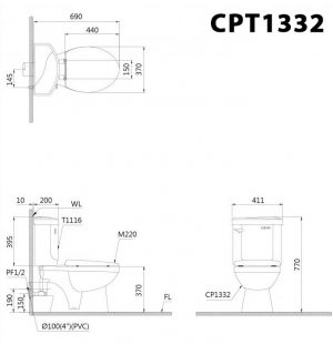 CAESAR CPT1332 - Bồn cầu 2 khối thoát ngang nắp thường M220 2 Bản vẽ kĩ thuật Bồn cầu 2 khối CAESAR CPT1332 thoát ngang nắp thường M220