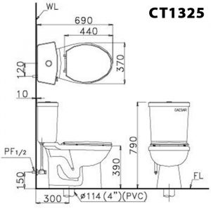 Bản vẽ kĩ thuật Bồn cầu 2 khối CAESAR CT1325 nắp thường M220