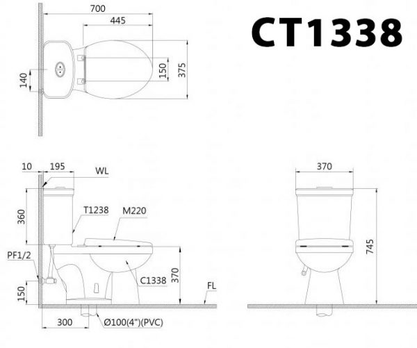 Bản vẽ kĩ thuật Bồn cầu 2 khối CAESAR CT1338 nắp thường M220