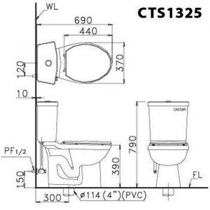 CAESAR CTS1325 - Bồn cầu 2 khối nắp êm MS220 2 Bản vẽ kĩ thuật Bồn cầu 2 khối CAESAR CTS1325 nắp êm MS220
