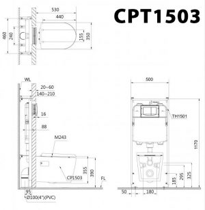 Bản vẽ kĩ thuật Bồn cầu treo tường CAESAR CPT1503 két nước âm TH1510