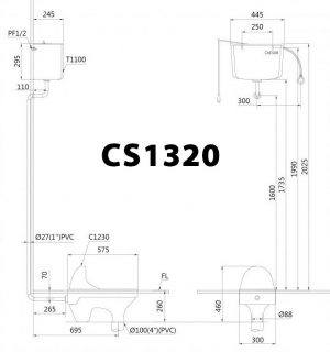Bản vẽ kĩ thuật Bồn cầu xổm CAESAR CS1230 két nước T1100
