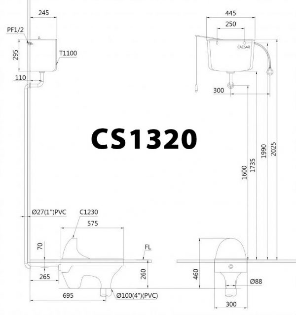 Bản vẽ kĩ thuật Bồn cầu xổm CAESAR CS1230 két nước T1100