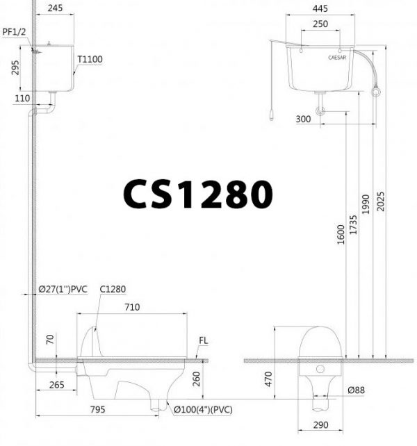 Bản vẽ kĩ thuật Bồn cầu xổm CAESAR CS1280 két nước T1100