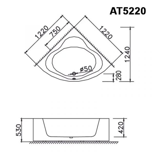 Bản vẽ kĩ thuật Bồn tắm CAESAR AT5220 góc chân yếm 1.22M