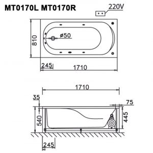 Bản vẽ kĩ thuật Bồn tắm CAESAR MT0170L/R Massage xây 1.5M