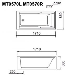 Bản vẽ kĩ thuật Bồn tắm CAESAR MT0570L/R Massage chân yếm 1.7M