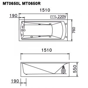 CAESAR MT0650L/R 1.5M - Bồn tắm Massage chân yếm 1 Bản vẽ kĩ thuật Bồn tắm CAESAR MT0650L/R Massage chân yếm 1.5M