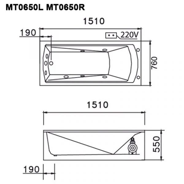 Bản vẽ kĩ thuật Bồn tắm CAESAR MT0650L/R Massage chân yếm 1.5M