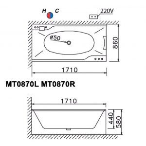 Bản vẽ kĩ thuật Bồn tắm CAESAR MT0870L/R Massage chân yếm 1.7M
