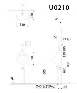 CAESAR U0210 - Bồn tiểu nam treo tường 2 Bản vẽ kĩ thuật Bồn tiểu nam CAESAR U0210 treo tường
