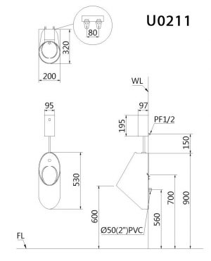 Bản vẽ kĩ thuật Bồn tiểu nam CAESAR U0211 treo tường