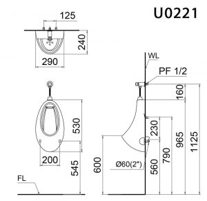 CAESAR U0221 - Bồn tiểu nam treo tường 3 Bản vẽ kĩ thuật Bồn tiểu nam CAESAR U0221 treo tường
