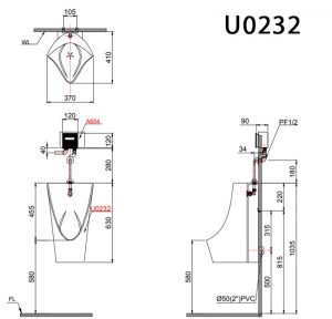 CAESAR U0232 - Bồn tiểu nam treo tường 2 Bản vẽ kĩ thuật Bồn tiểu nam CAESAR U0232 treo tường