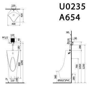 Bản vẽ kĩ thuật Bồn tiểu nam CAESAR U0235 treo tường