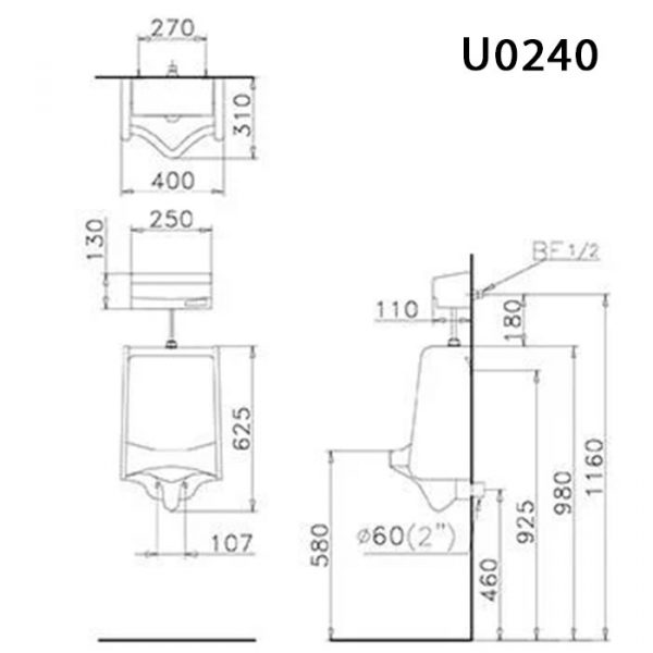 Bản vẽ kĩ thuật Bồn tiểu nam CAESAR U0240 treo tường