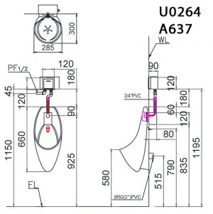 CAESAR U0264 - Bồn tiểu nam treo tường 2 Bản-vẽ-kĩ-thuật-Bồn-tiểu-nam-CAESAR-U0264 A637-treo-tường