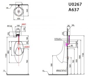 CAESAR U0267 - Bồn tiểu nam treo tường 2 Bản-vẽ-kĩ-thuật-Bồn-tiểu-nam-CAESAR-U0267-A637-treo-tường