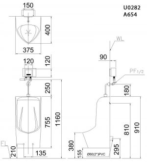 CAESAR U0282 - Bồn tiểu nam treo tường 2 Bản-vẽ-kĩ-thuật-Bồn-tiểu-nam-CAESAR-U0282-A654-treo-tường