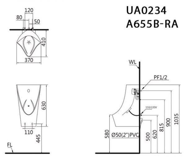 Bản-vẽ-kĩ-thuật-Bồn-tiểu-nam-CAESAR-UA0234-A655B-RA-cảm-ứng-treo-tường