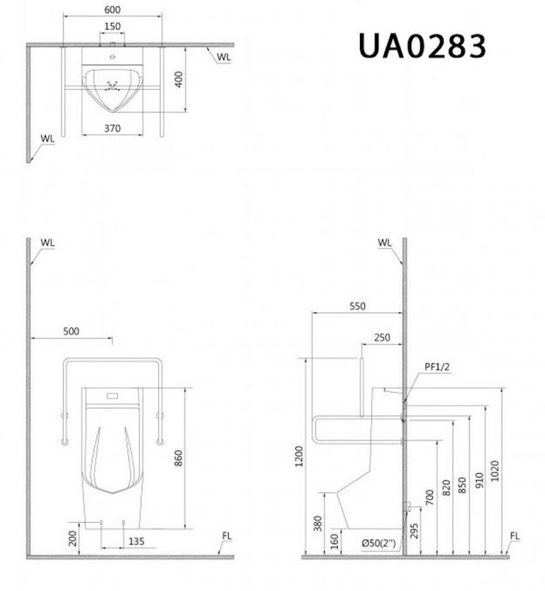 Bản vẽ kĩ thuật Bồn tiểu nam CAESAR UA0283 cảm ứng treo tường