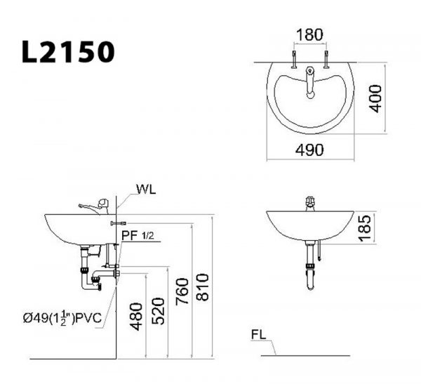 Bản vẽ kĩ thuật Chậu rửa mặt lavabo CAESAR L2150 P2445 chân dài treo tường