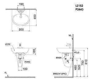 Bản vẽ kĩ thuật Chậu rửa mặt Lavabo Caesar L2152 P2443 treo tường chân lửng