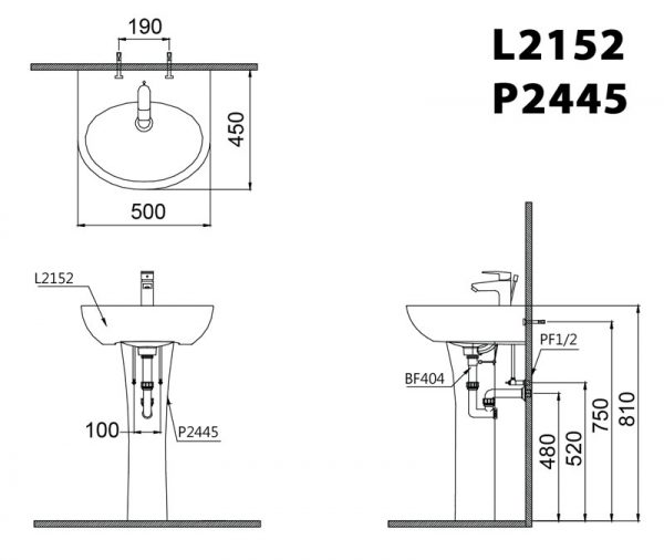 Bản vẽ kĩ thuật Chậu rửa mặt lavabo CAESAR L2152 P2445 chân dài treo tường