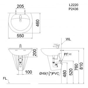 CAESAR L2220 P2436 - Chậu lavabo chân lửng treo tường 2 Bản vẽ kĩ thuật Chậu rửa mặt lavabo CAESAR L2220 P2436 chân lửng treo tường