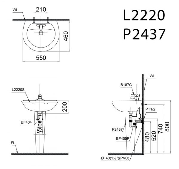 Bản vẽ kĩ thuật Chậu rửa mặt lavabo CAESAR L2220 P2437 chân dài treo tường